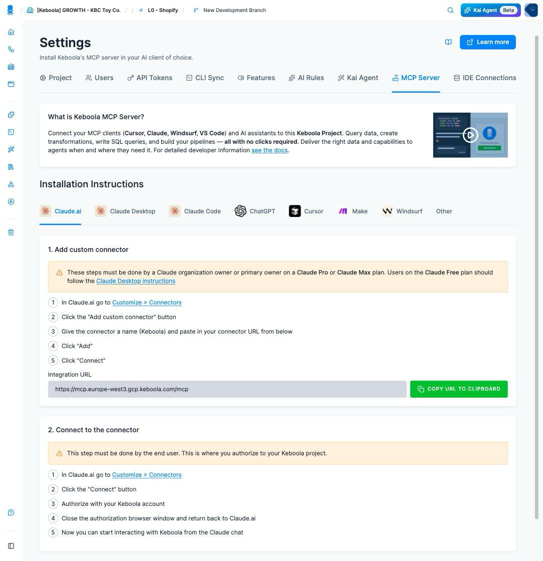 The MCP Server tab in Keboola project settings: a tab strip with Project, Users, API Tokens, CLI Sync, Features, AI Rules, Kai Agent, MCP Server and IDE Connections; below it Installation Instructions with a tab per client (Claude.ai, Claude Desktop, Claude Code, ChatGPT, Cursor, Make, Windsurf, Other), the numbered steps for the selected client, and the project's Integration URL next to a Copy URL to clipboard button